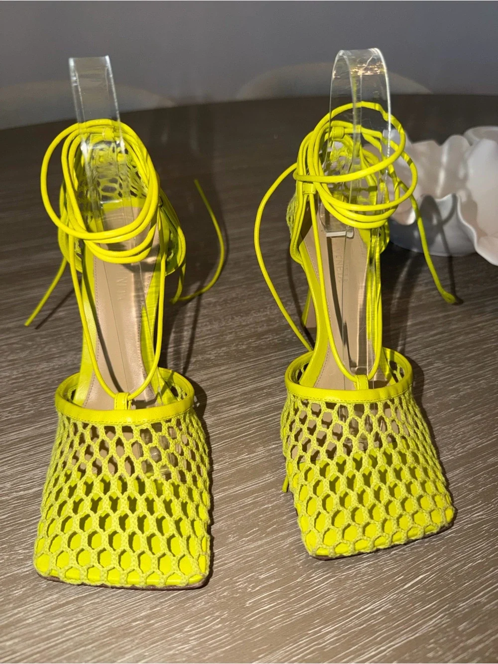 Bottega Veneta Acid Kiwi Lace-Up Mesh Heels